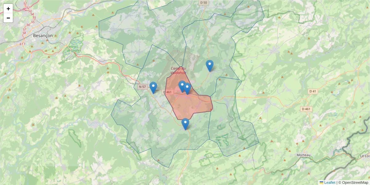 Carte de la zone du code postal  et des codes postaux voisins en France