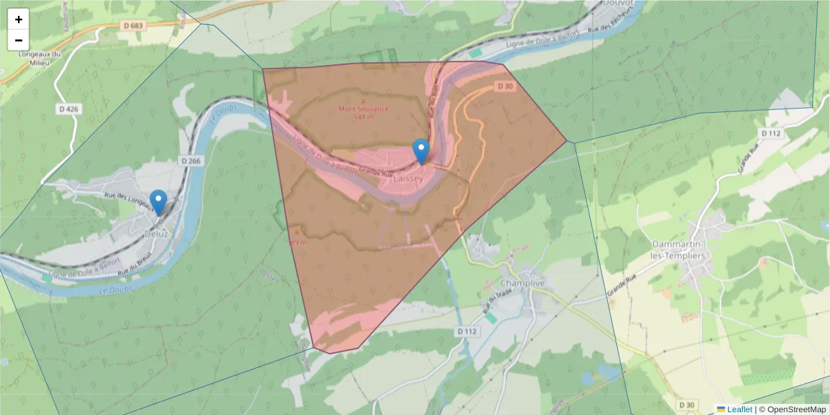 Carte de la zone du code postal  et des codes postaux voisins en France