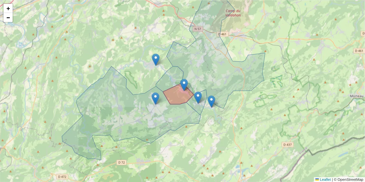 Carte de la zone du code postal  et des codes postaux voisins en France