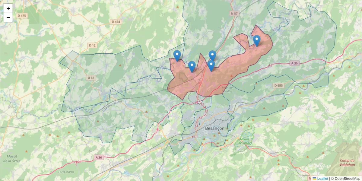 Carte de la zone du code postal  et des codes postaux voisins en France