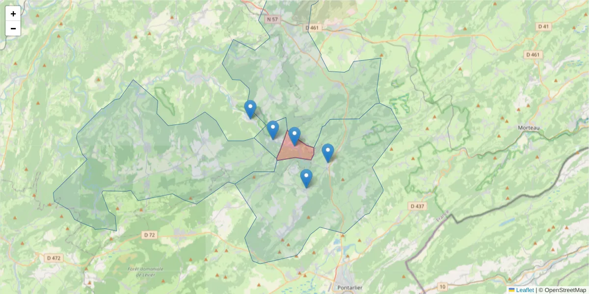 Carte de la zone du code postal  et des codes postaux voisins en France