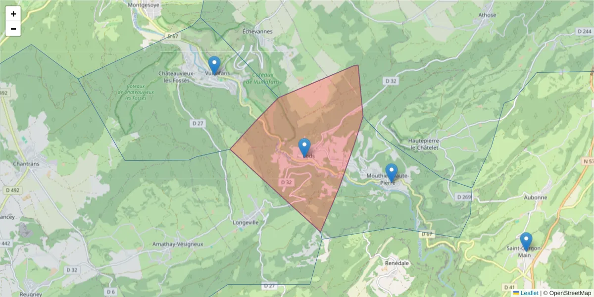 Carte de la zone du code postal  et des codes postaux voisins en France