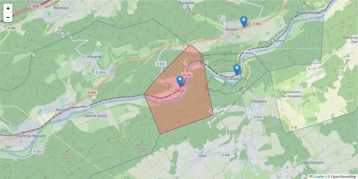Carte de la zone du code postal  et des codes postaux voisins en France
