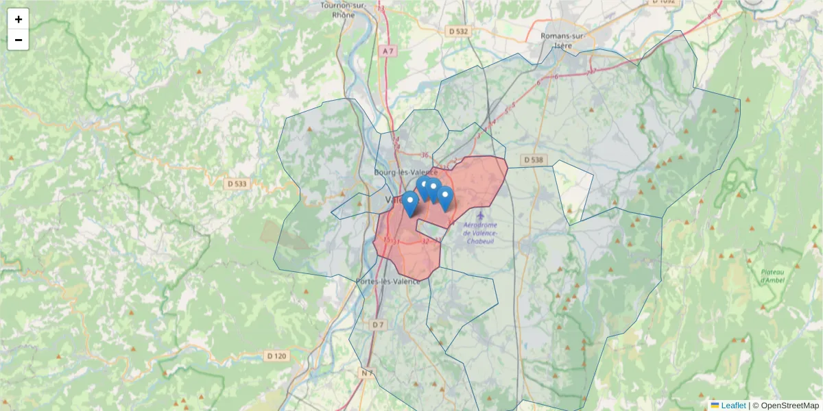 Carte de la zone du code postal  et des codes postaux voisins en France