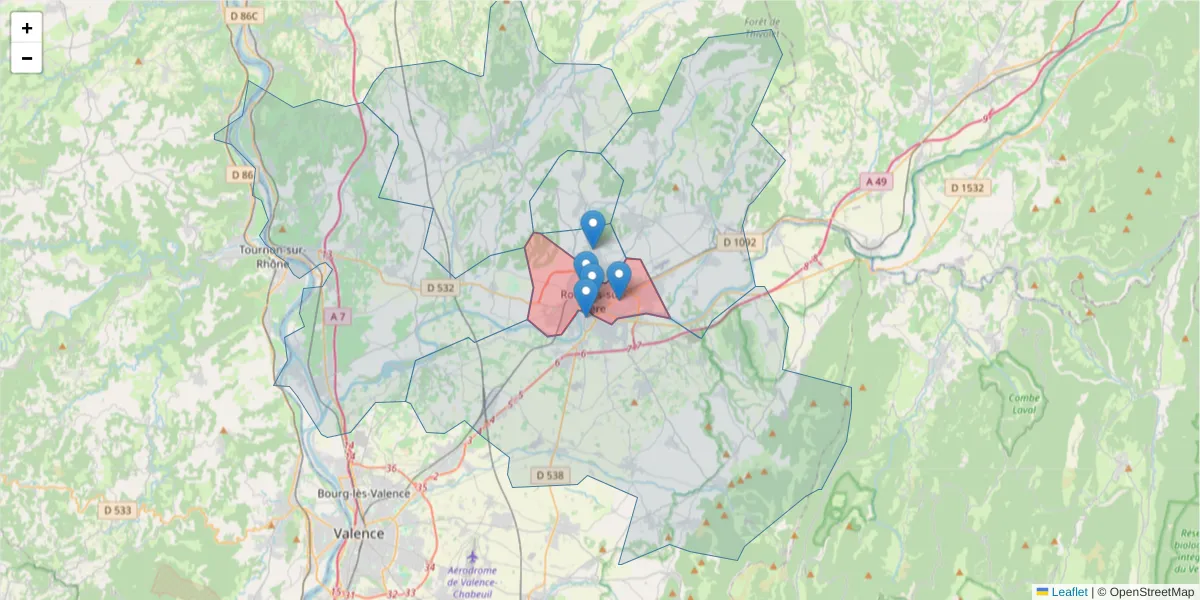 Carte de la zone du code postal  et des codes postaux voisins en France