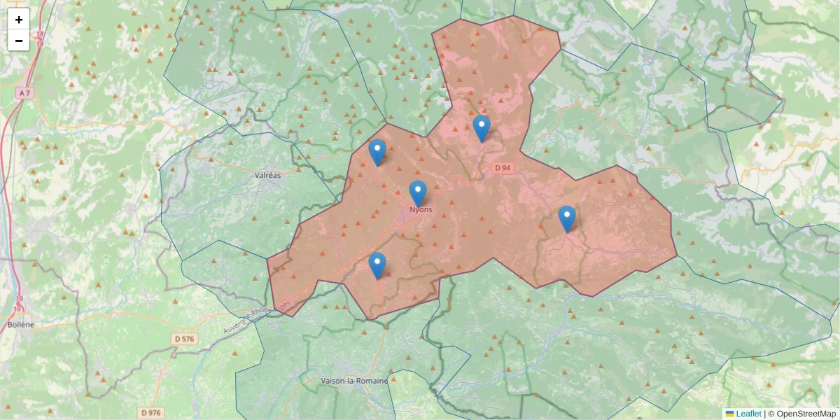 Carte de la zone du code postal  et des codes postaux voisins en France