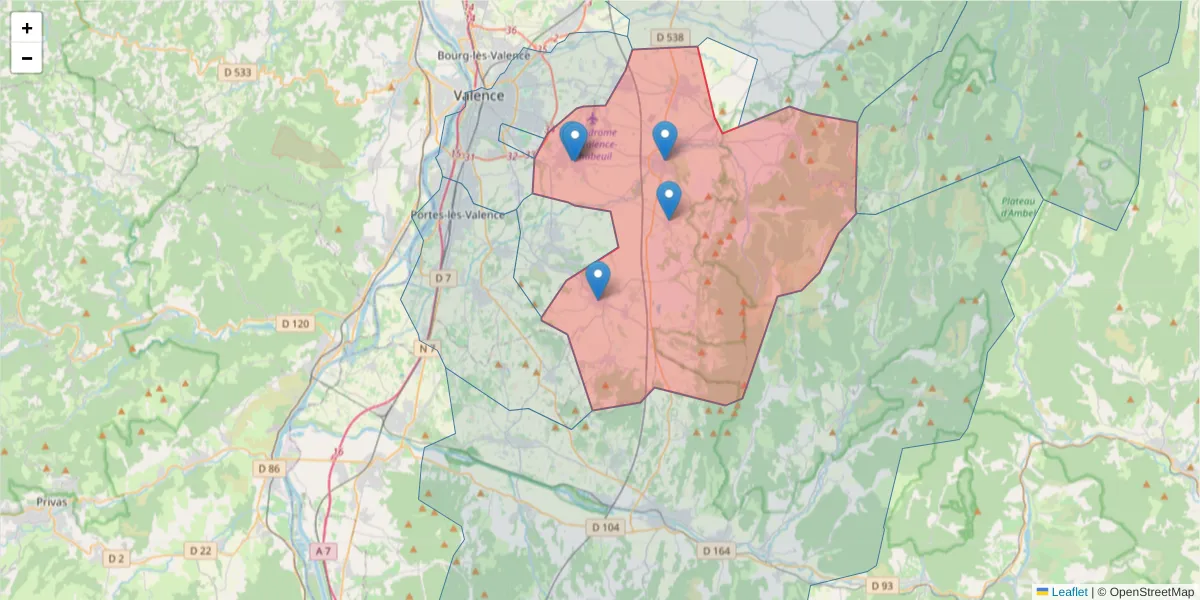 Carte de la zone du code postal  et des codes postaux voisins en France