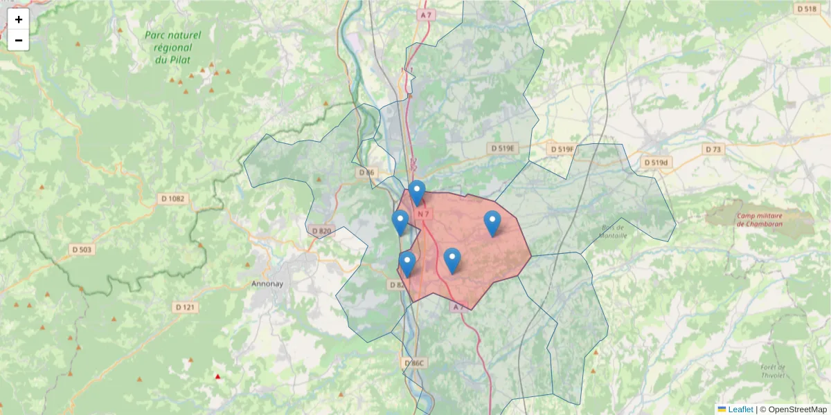 Carte de la zone du code postal  et des codes postaux voisins en France