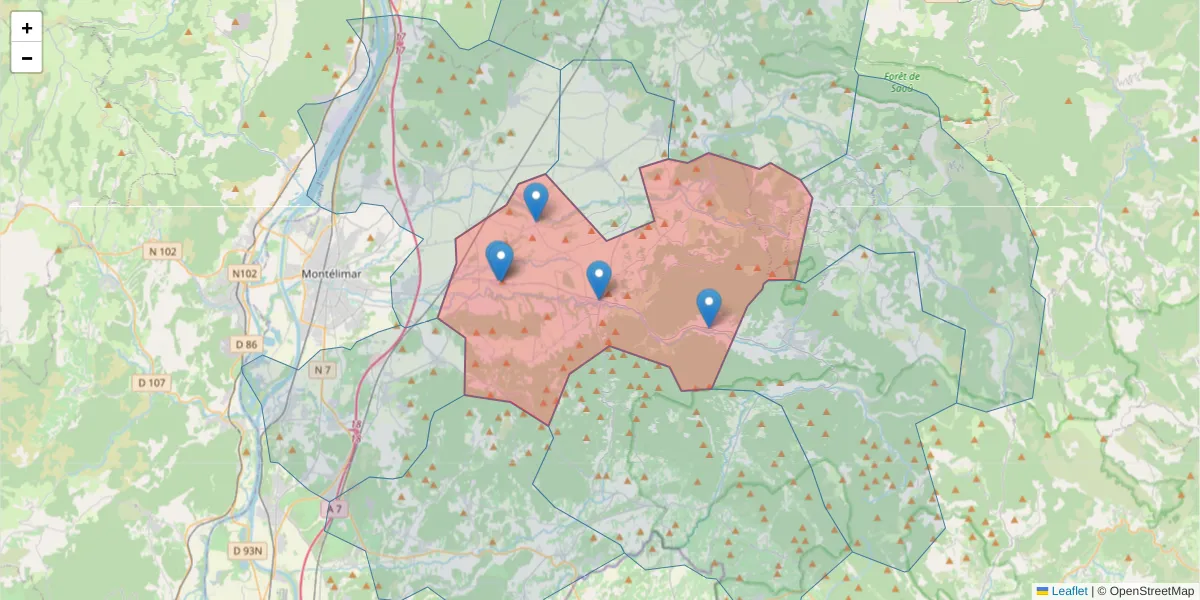 Carte de la zone du code postal  et des codes postaux voisins en France