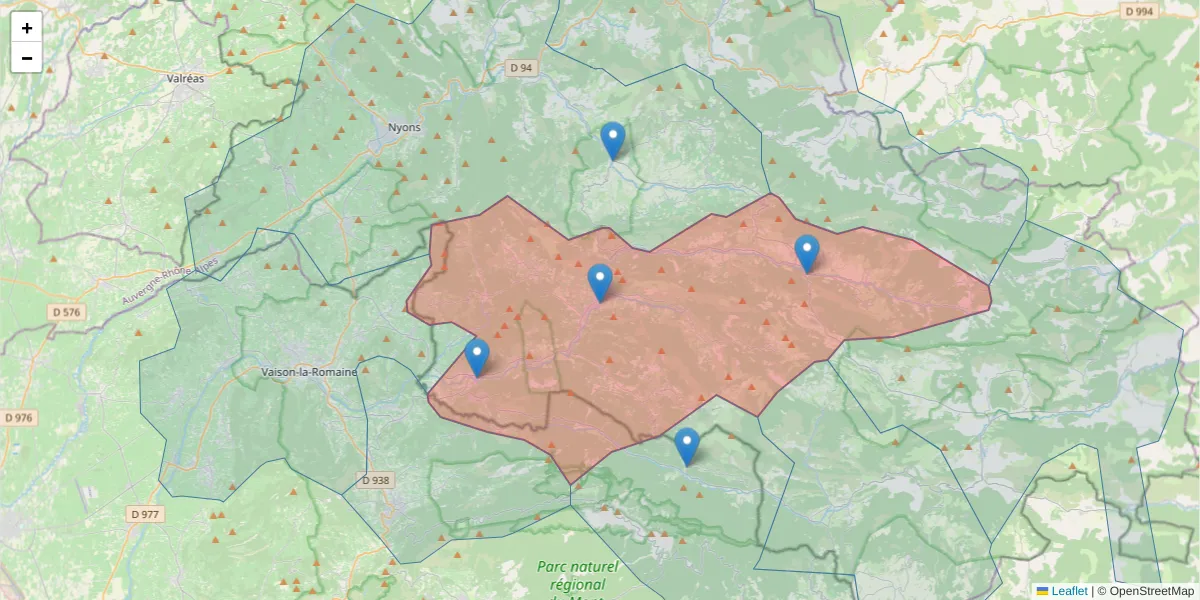 Carte de la zone du code postal  et des codes postaux voisins en France