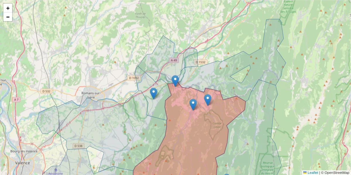 Carte de la zone du code postal  et des codes postaux voisins en France