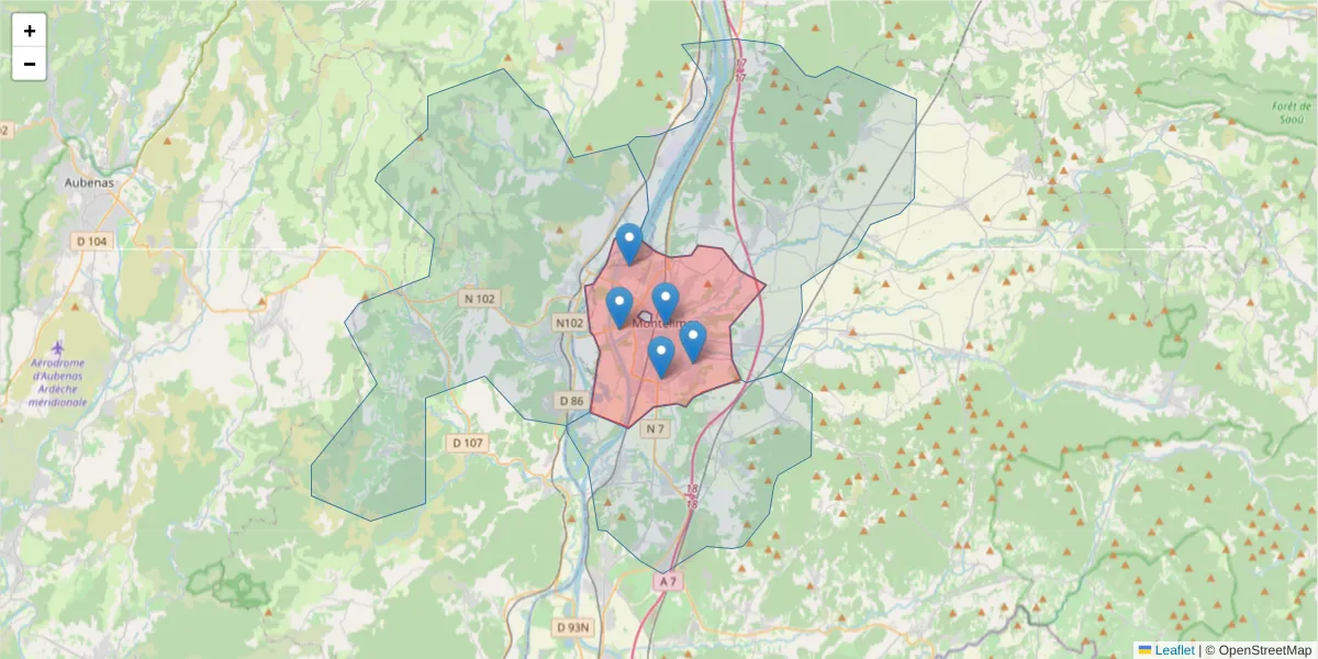 Carte de la zone du code postal  et des codes postaux voisins en France