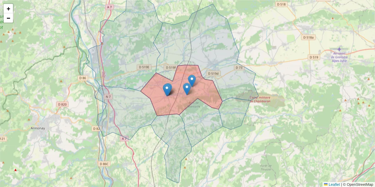 Carte de la zone du code postal  et des codes postaux voisins en France