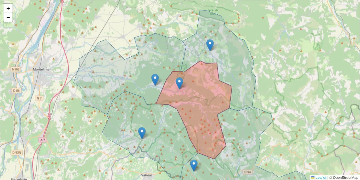 Carte de la zone du code postal  et des codes postaux voisins en France