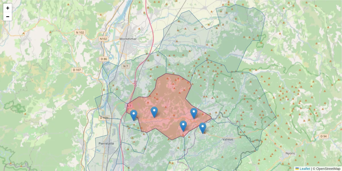 Carte de la zone du code postal  et des codes postaux voisins en France