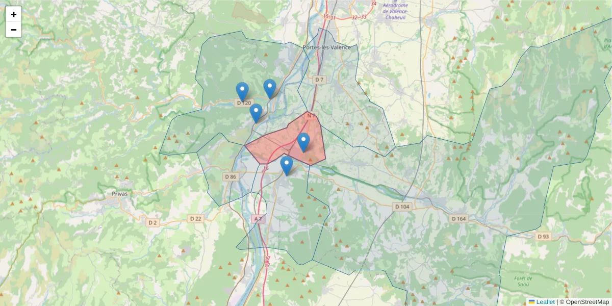 Carte de la zone du code postal  et des codes postaux voisins en France