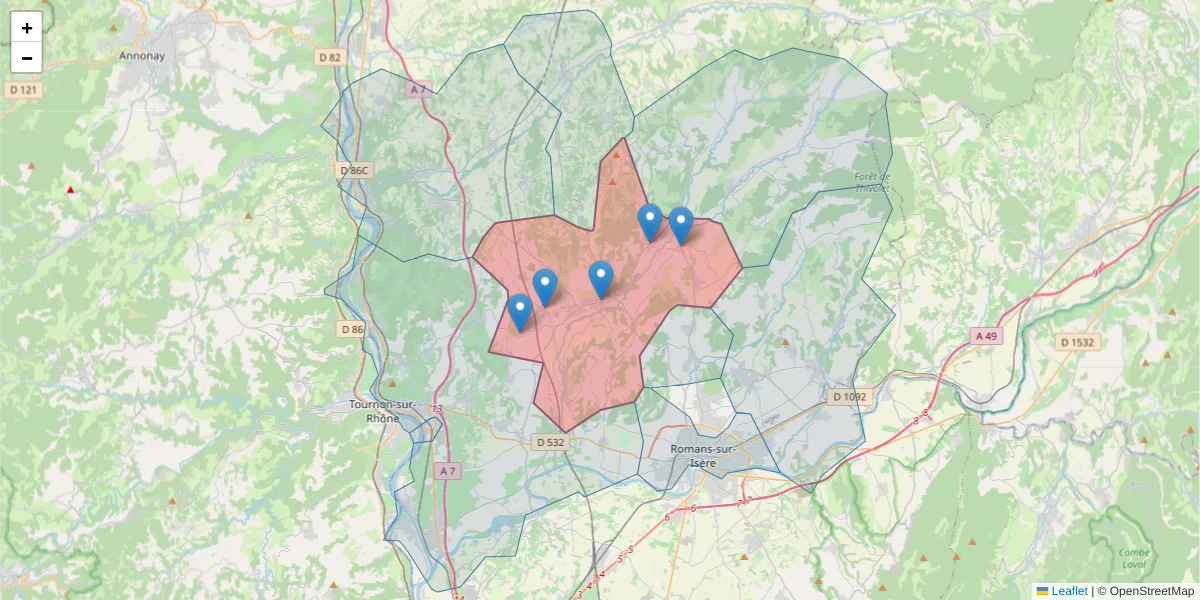 Carte de la zone du code postal  et des codes postaux voisins en France