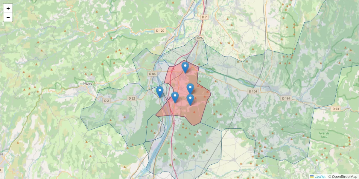 Carte de la zone du code postal  et des codes postaux voisins en France