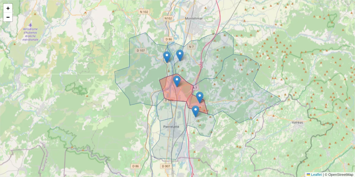 Carte de la zone du code postal  et des codes postaux voisins en France