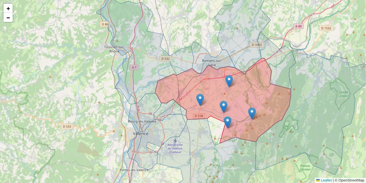 Carte de la zone du code postal  et des codes postaux voisins en France