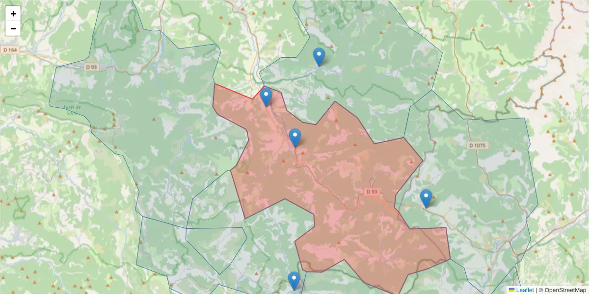 Carte de la zone du code postal  et des codes postaux voisins en France