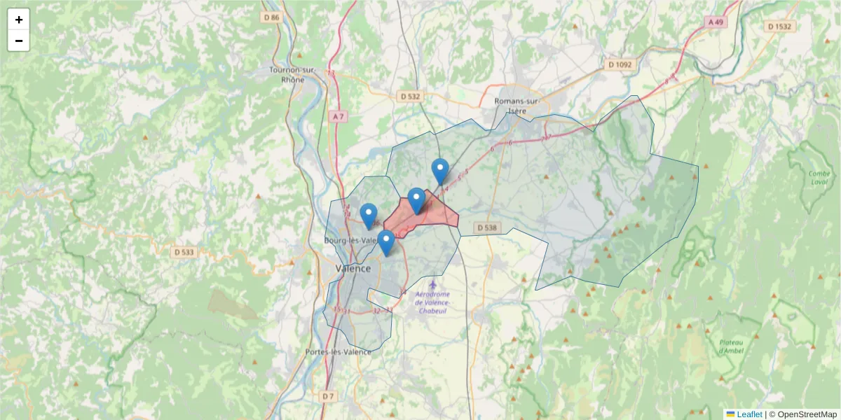Carte de la zone du code postal  et des codes postaux voisins en France