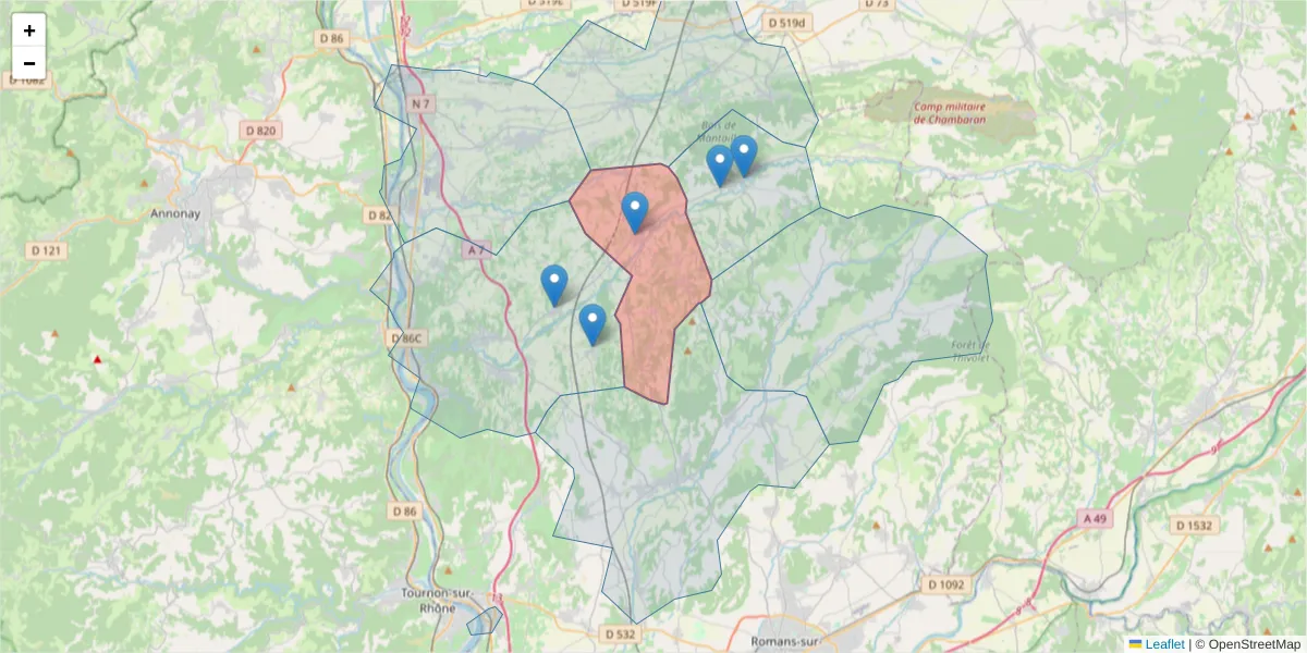 Carte de la zone du code postal  et des codes postaux voisins en France