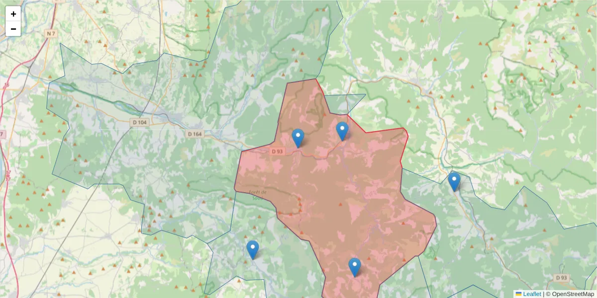Carte de la zone du code postal  et des codes postaux voisins en France