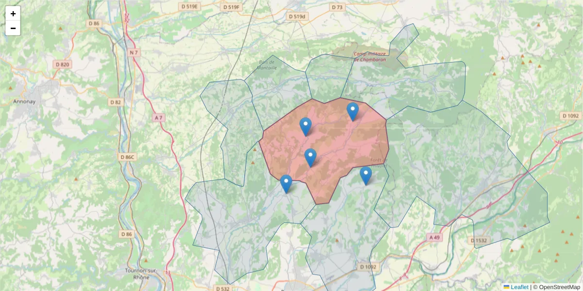 Carte de la zone du code postal  et des codes postaux voisins en France