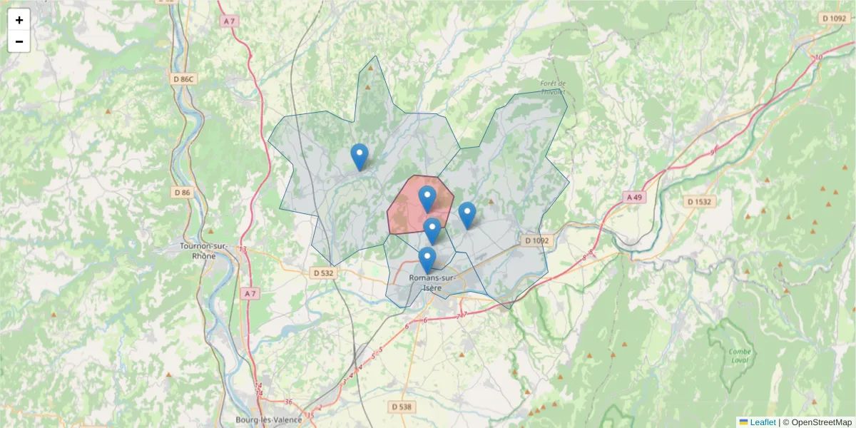 Carte de la zone du code postal  et des codes postaux voisins en France