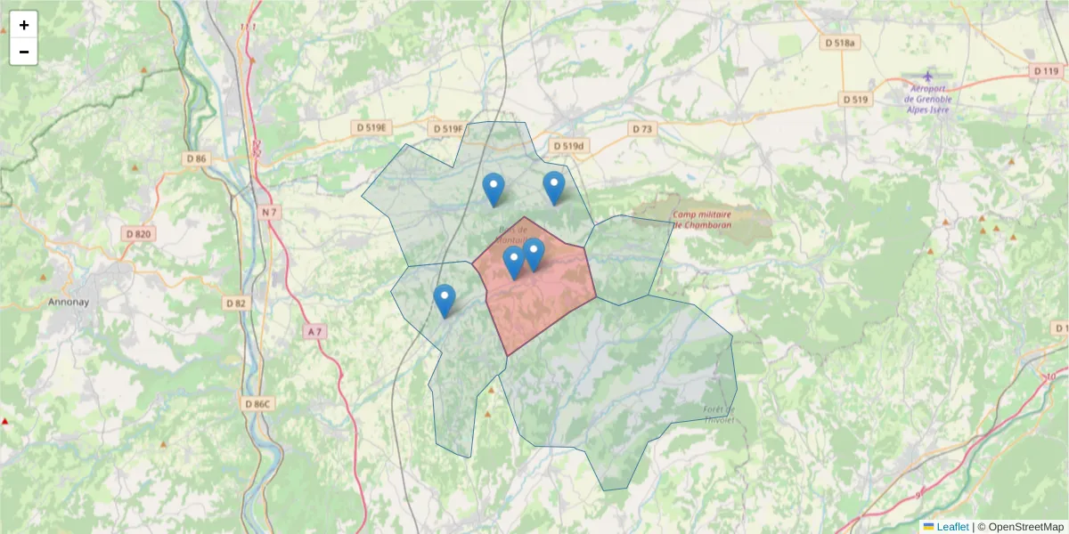 Carte de la zone du code postal  et des codes postaux voisins en France