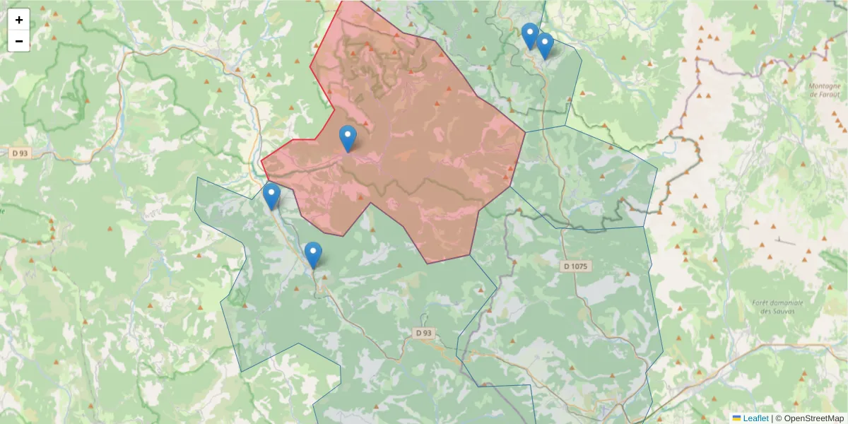 Carte de la zone du code postal  et des codes postaux voisins en France