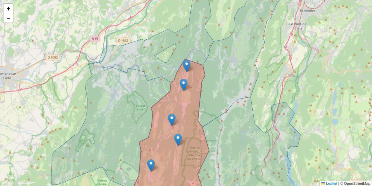 Carte de la zone du code postal  et des codes postaux voisins en France