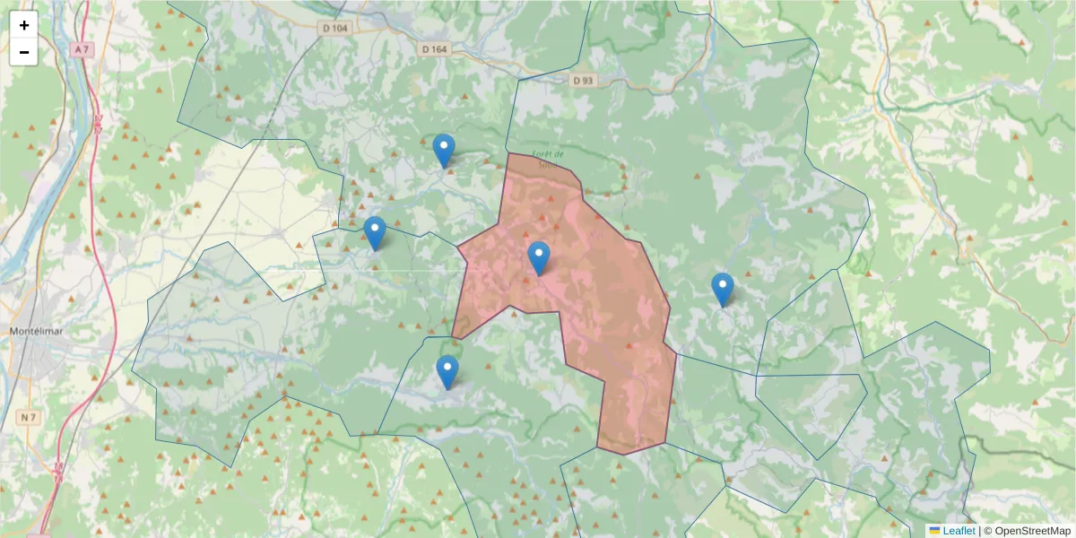 Carte de la zone du code postal  et des codes postaux voisins en France