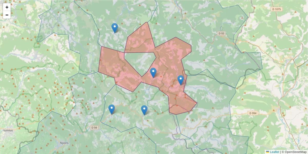 Carte de la zone du code postal  et des codes postaux voisins en France