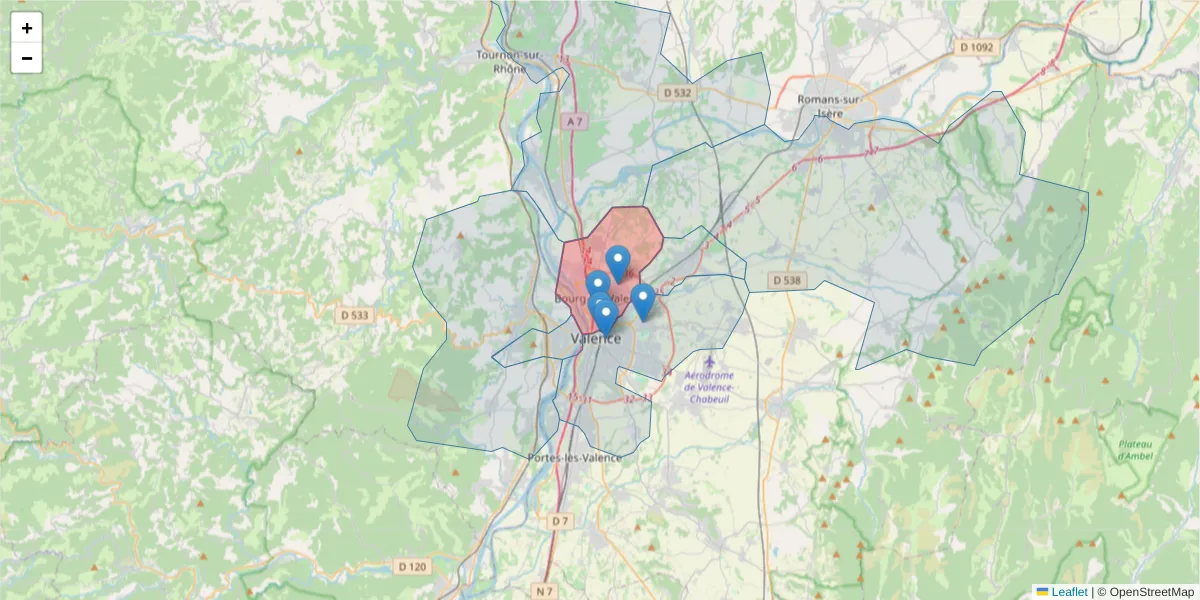 Carte de la zone du code postal  et des codes postaux voisins en France