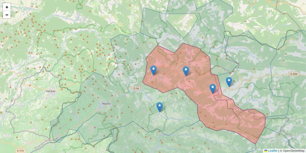 Carte de la zone du code postal  et des codes postaux voisins en France