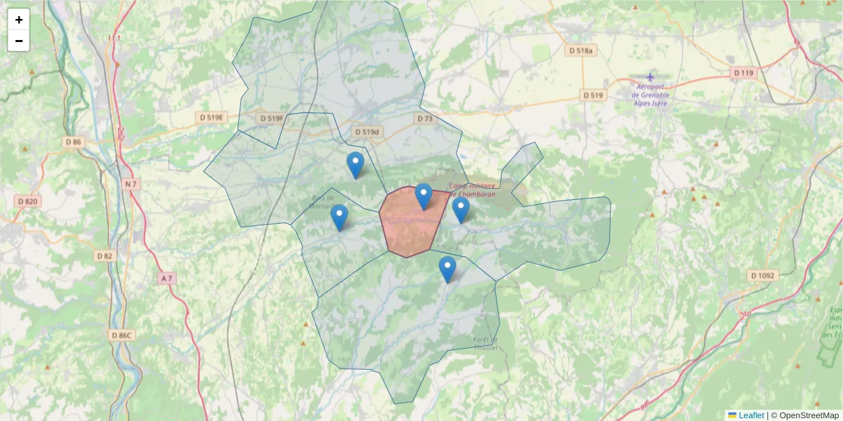Carte de la zone du code postal  et des codes postaux voisins en France