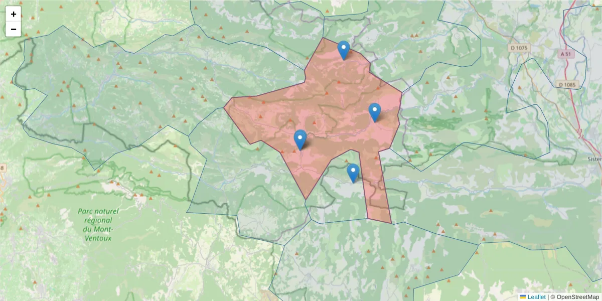Carte de la zone du code postal  et des codes postaux voisins en France