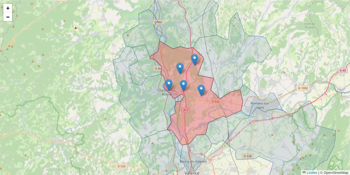 Carte de la zone du code postal  et des codes postaux voisins en France