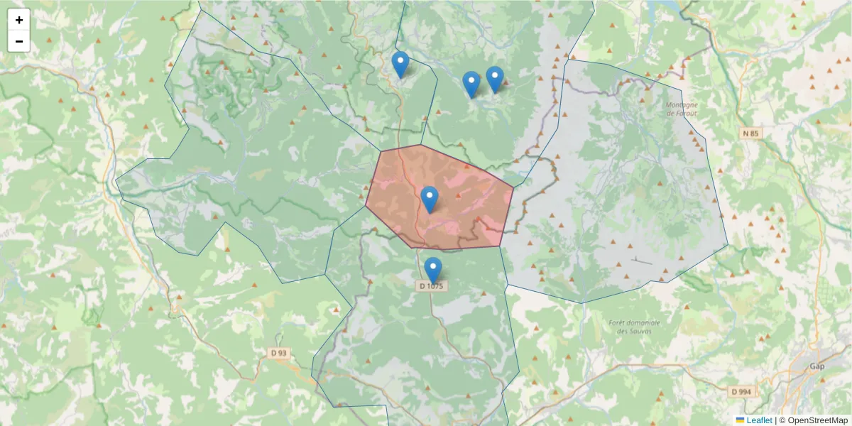 Carte de la zone du code postal  et des codes postaux voisins en France