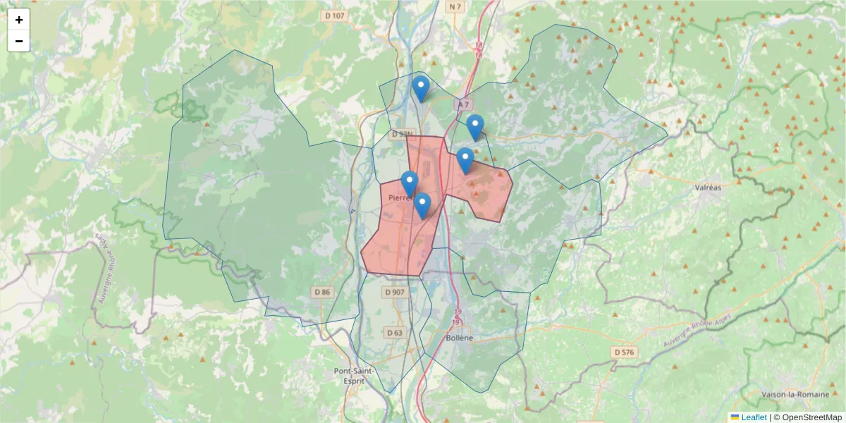 Carte de la zone du code postal  et des codes postaux voisins en France