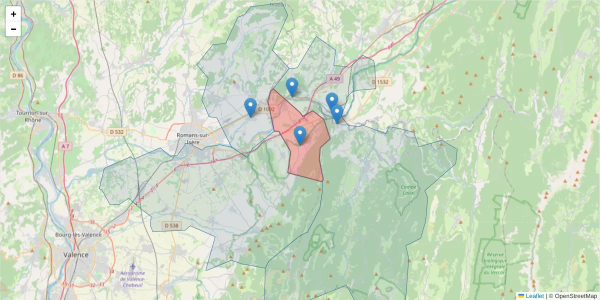Carte de la zone du code postal  et des codes postaux voisins en France