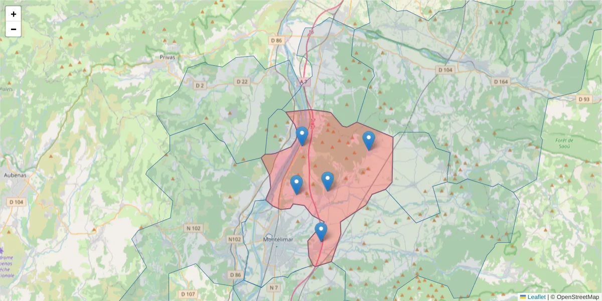 Carte de la zone du code postal  et des codes postaux voisins en France