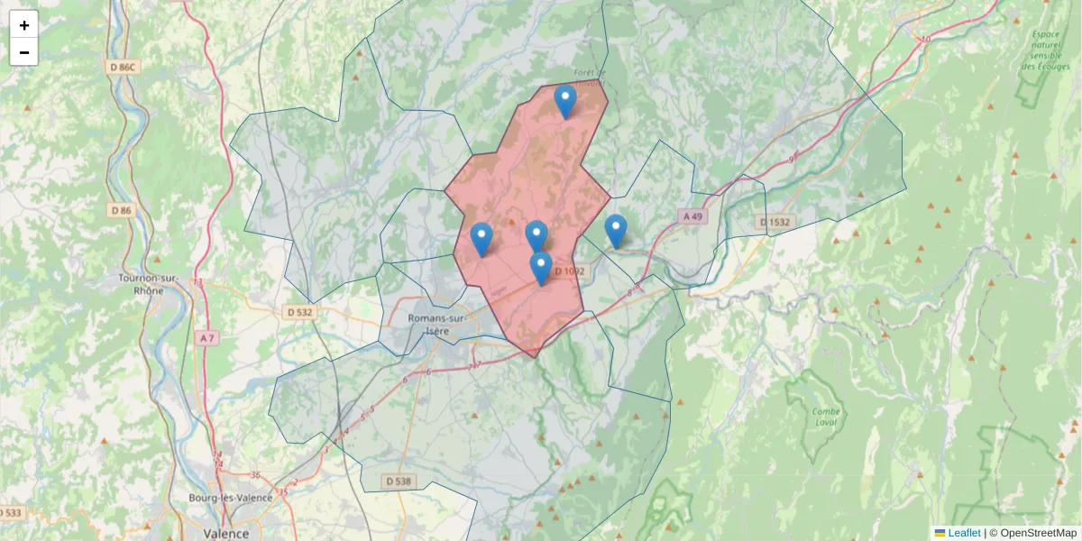 Carte de la zone du code postal  et des codes postaux voisins en France
