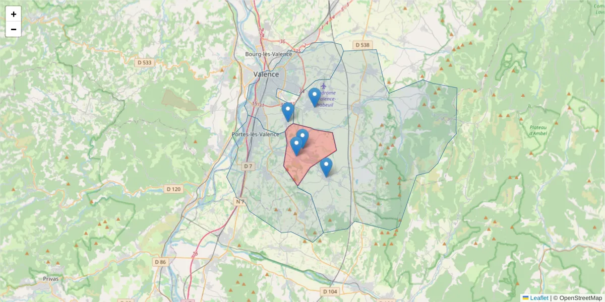 Carte de la zone du code postal  et des codes postaux voisins en France