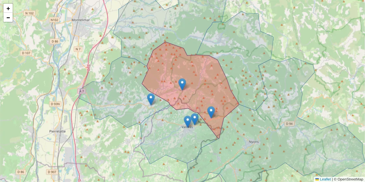 Carte de la zone du code postal  et des codes postaux voisins en France