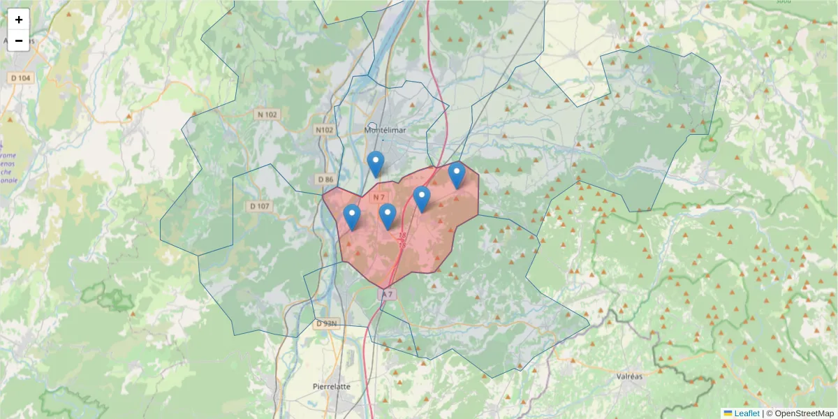 Carte de la zone du code postal  et des codes postaux voisins en France