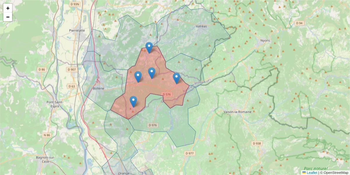 Carte de la zone du code postal  et des codes postaux voisins en France