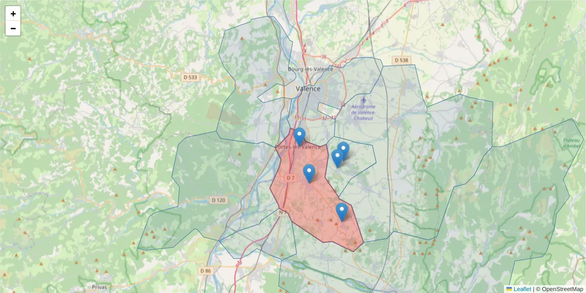 Carte de la zone du code postal  et des codes postaux voisins en France